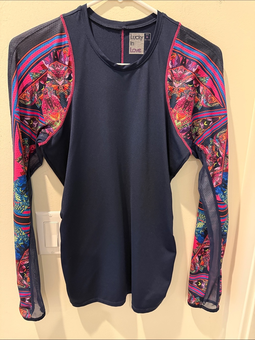 Lucky in Love Navy Long Sleeve Jersey with Pink and Blue Paisley Sleeves size M